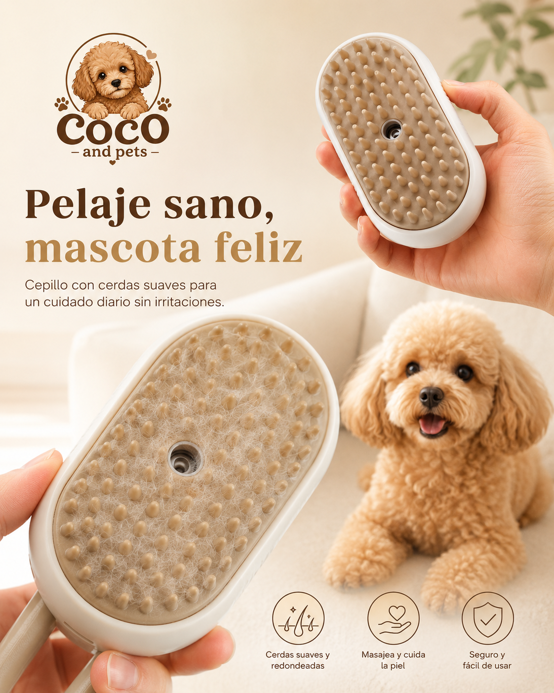 Cepillo Vaporizador 3 en 1 para Perros y Gatos | Elimina Pelo, Masajea y Limpia