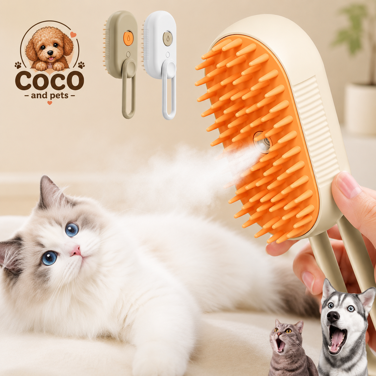 Cepillo Vaporizador 3 en 1 para Perros y Gatos | Elimina Pelo, Masajea y Limpia