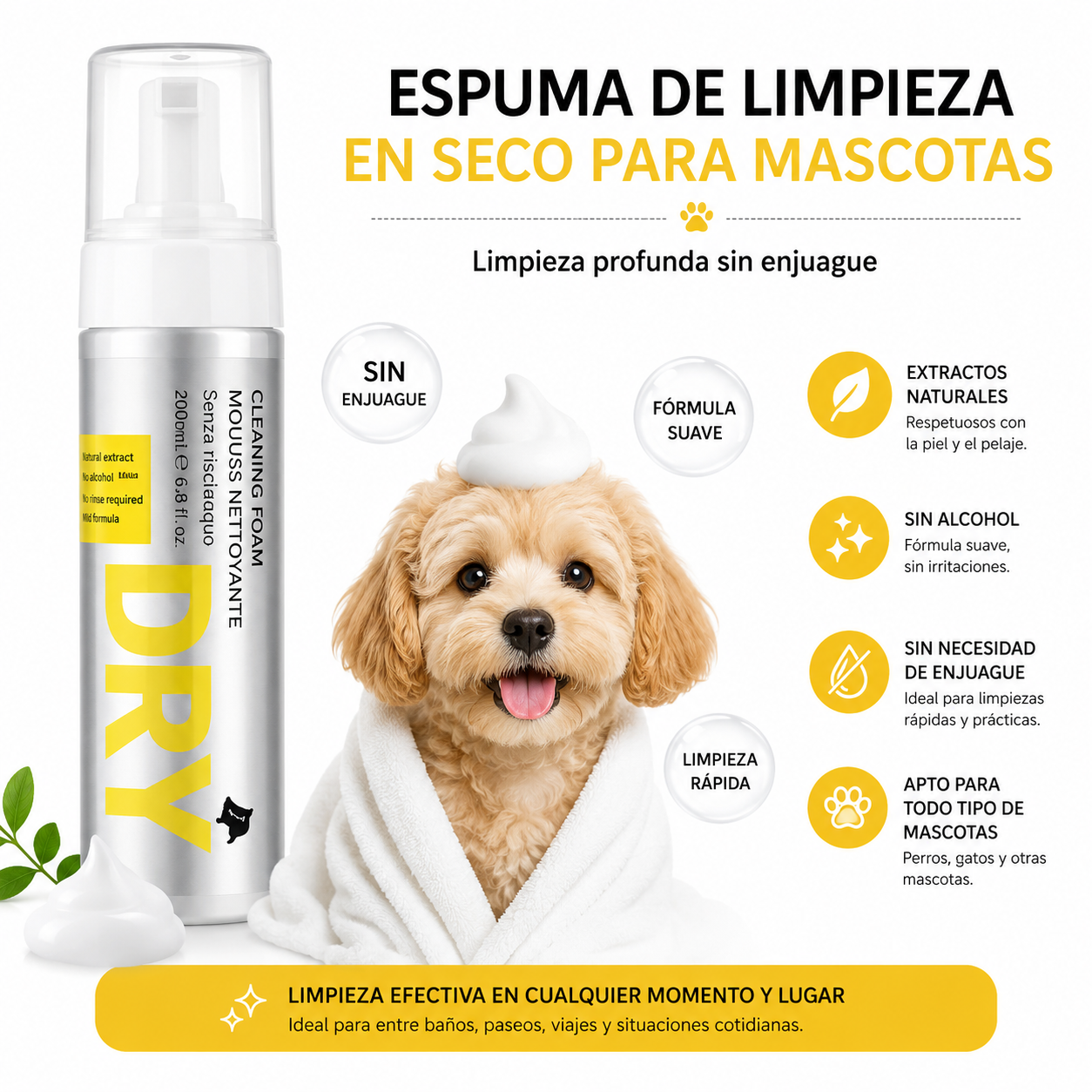 Espuma de Limpieza en Seco para Mascotas