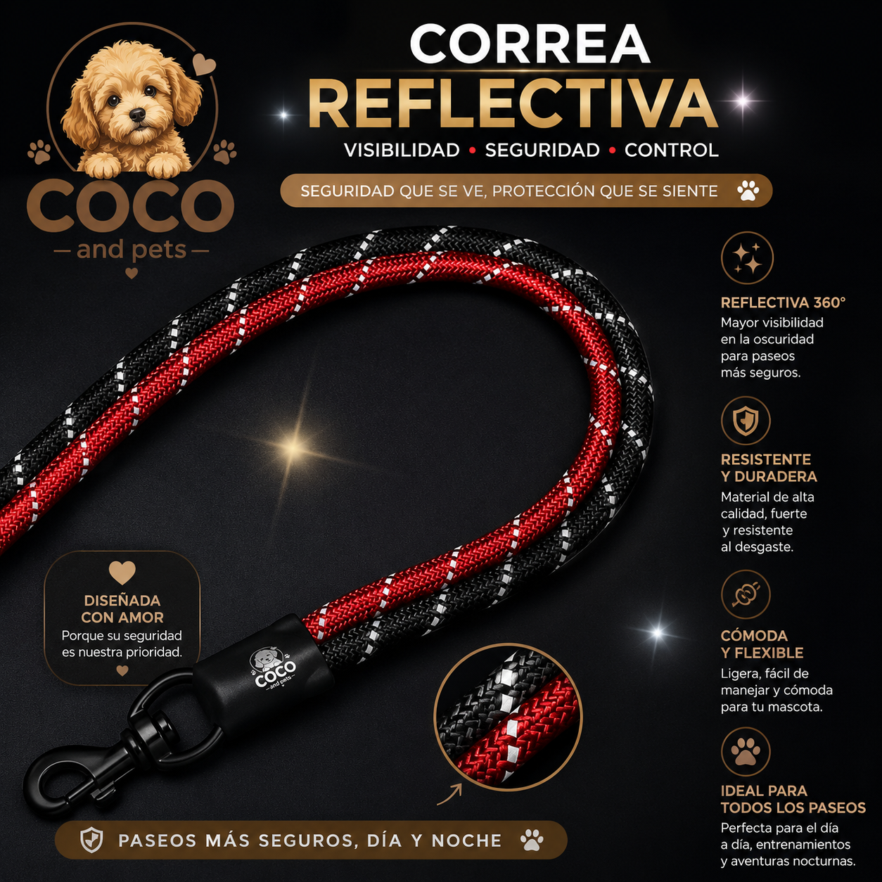 CORREA REFLECTANTE PREMIUM PARA PERROS | RESISTENCIA, CONTROL Y SEGURIDAD EN CADA PASEO