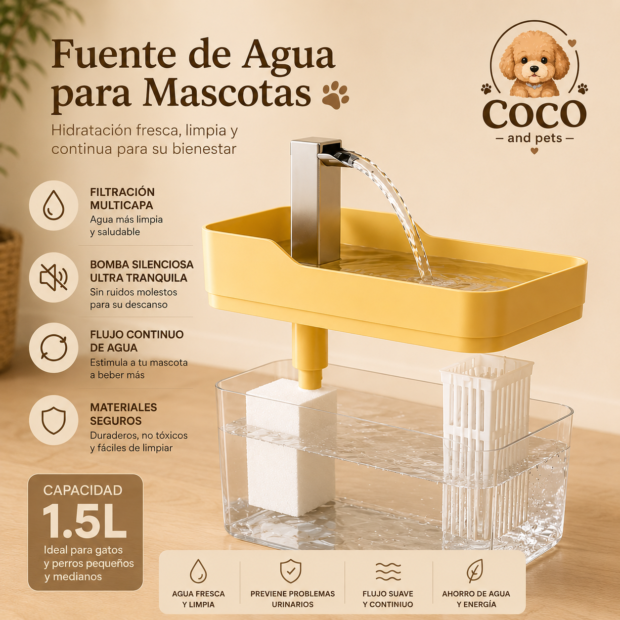 Fuente Automatica  Cristina  1.5L – Hidratación Inteligente para Mascotas