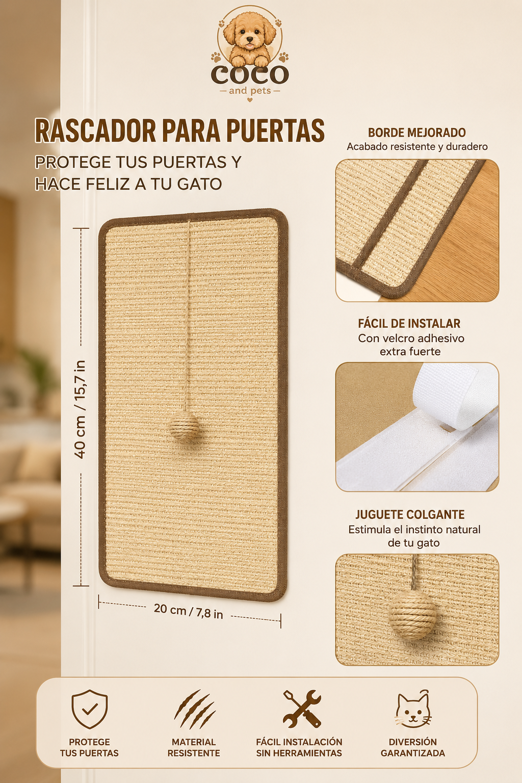 Rascador Protector para Sofá y Puertas para Gatos | Resistente y Fácil de Instalar